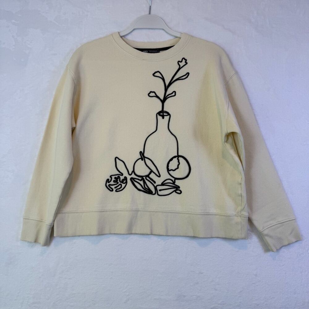ZARA Cream Embroidered Line Art Sweatshirt Women’s M Abstract Floral Fruit Art